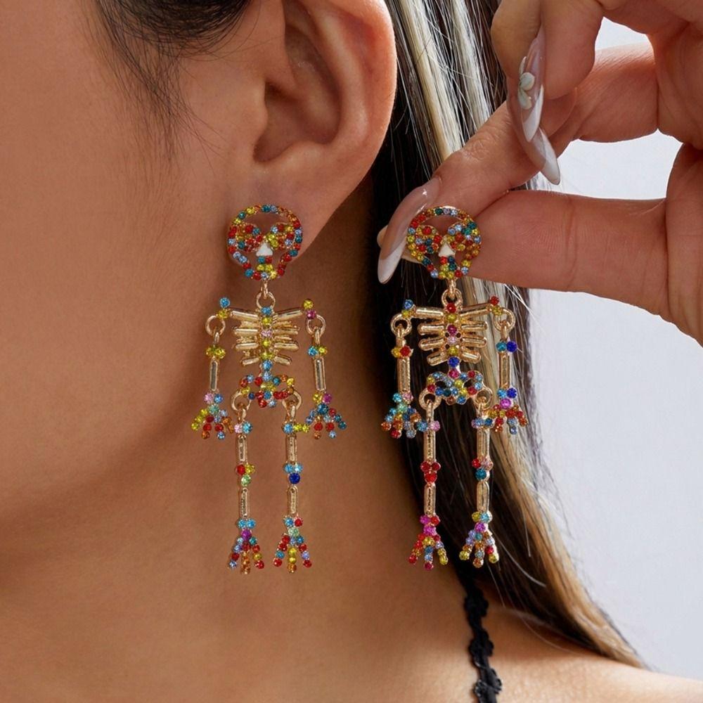 Crystal Halloween Skull Earrings Zircon Long Tassel Drop Earrings Skeleton Dangle Earrings  Unisex