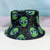 Summer new visor children green cartoon smiley face alien print bucket hat student pot hat female