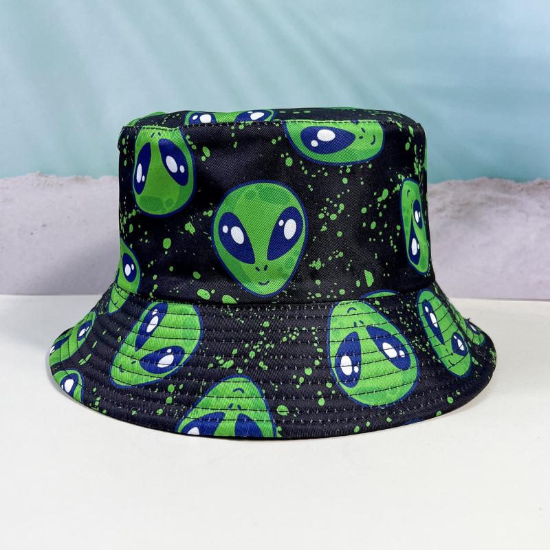 Summer new visor children green cartoon smiley face alien print bucket hat student pot hat female