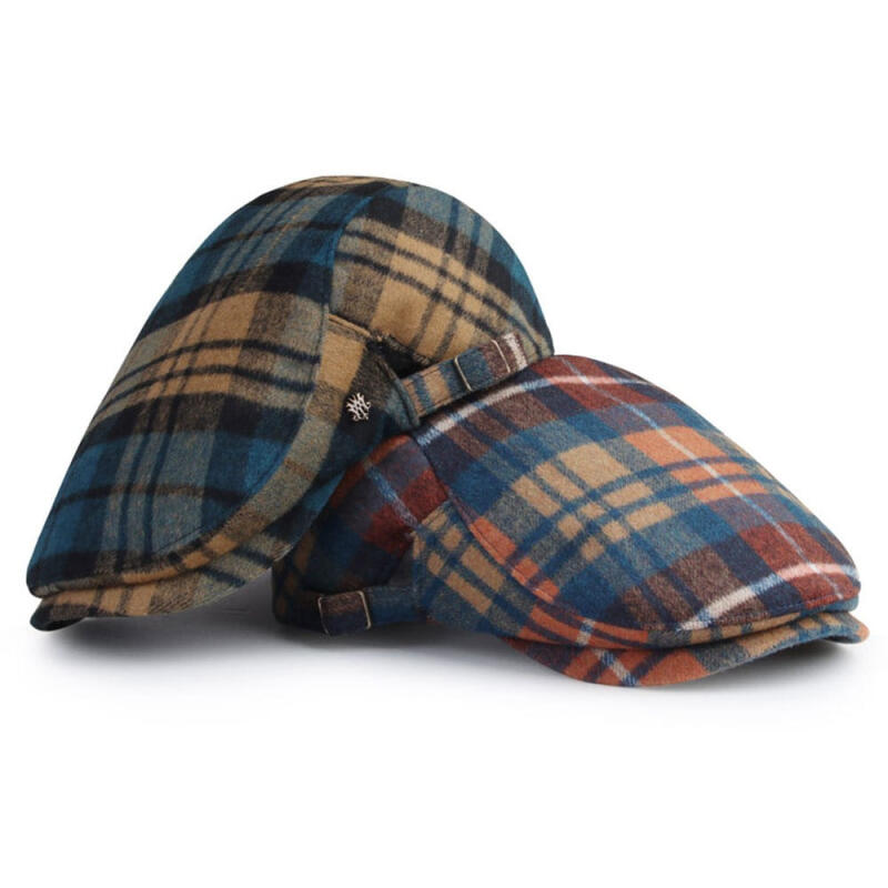 Oversized check pattern beret hunting cap beige