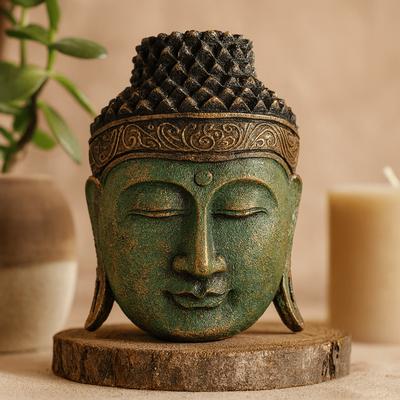 Buddha Head Statue 25cm Green Shine Finish