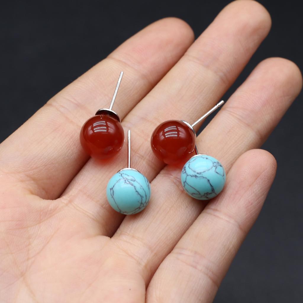 1 Paar kreative niedliche Kugel-Ohrringe mit natürlichem Edelstein, europäischer und amerikanischer Stil, Ohrstecker, Achat, blauer Türkis, Ohrstecker für Damen, Schmuck, 8 mm
