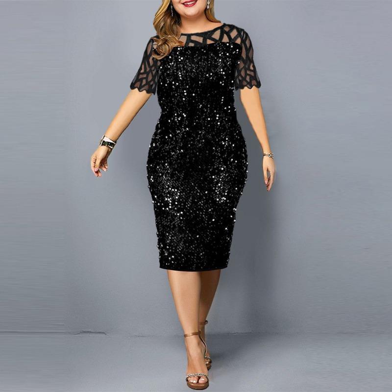 Women Plus Size Sequin Lace Short Sleeve Bodycon Midi Casual Dress