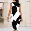 Women Plus Size Round Neck Sleeveless Black Printed Bodycon Midi Dress