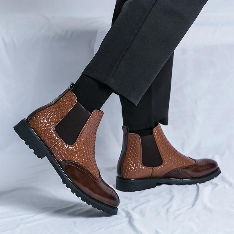Fashion All-match Leather Shoes Men Boots Slip On Oxfords Formal Dress Chelsea High Top Ankle Boots 2025 New Business Ankle Boots Men