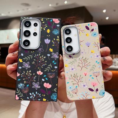 Quadratische Schale mit Lederstruktur und Blumenmuster für Samsung S25 S24 S22 Ultra S23 S21 S20 Fe A55 A54 A53 A52 A35 A15 A16, stoßfeste, weiche TPU-Hülle