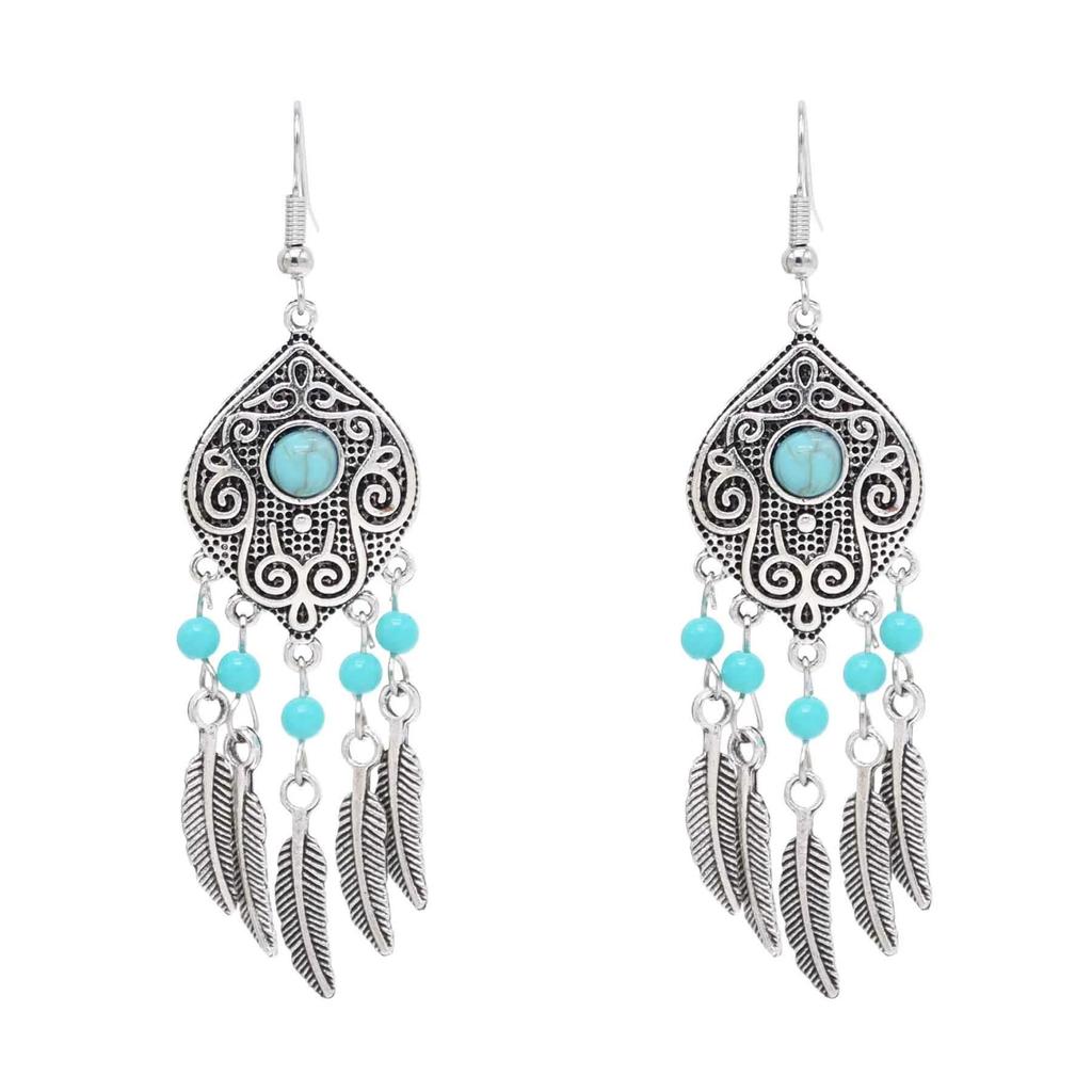 Turquoise earrings ethnic style engraving alloy feather fringed earrings retro beaded earrings