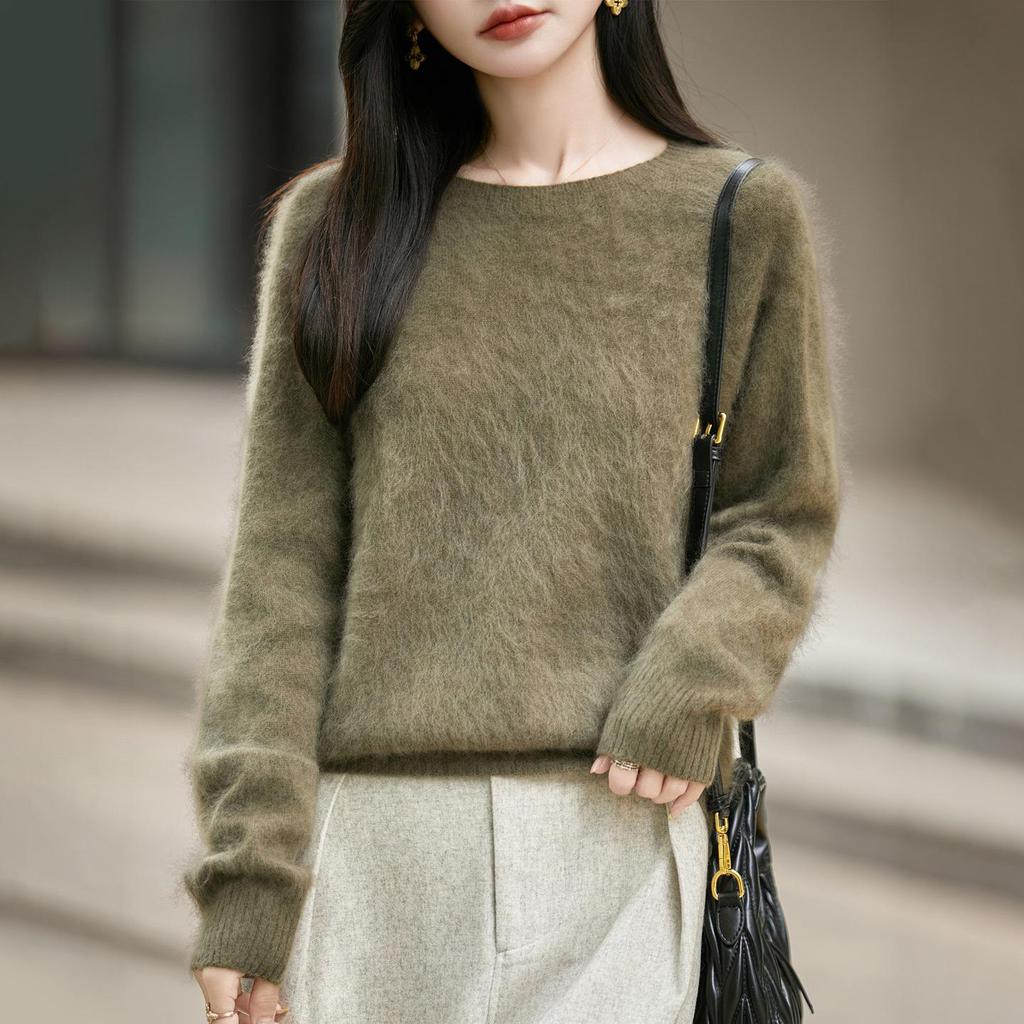 Women's Seamless Plush Knit Wool Sweater, Round Neck, Loose Fit, Long Sleeve - 2026 Autumn/Winter Collection