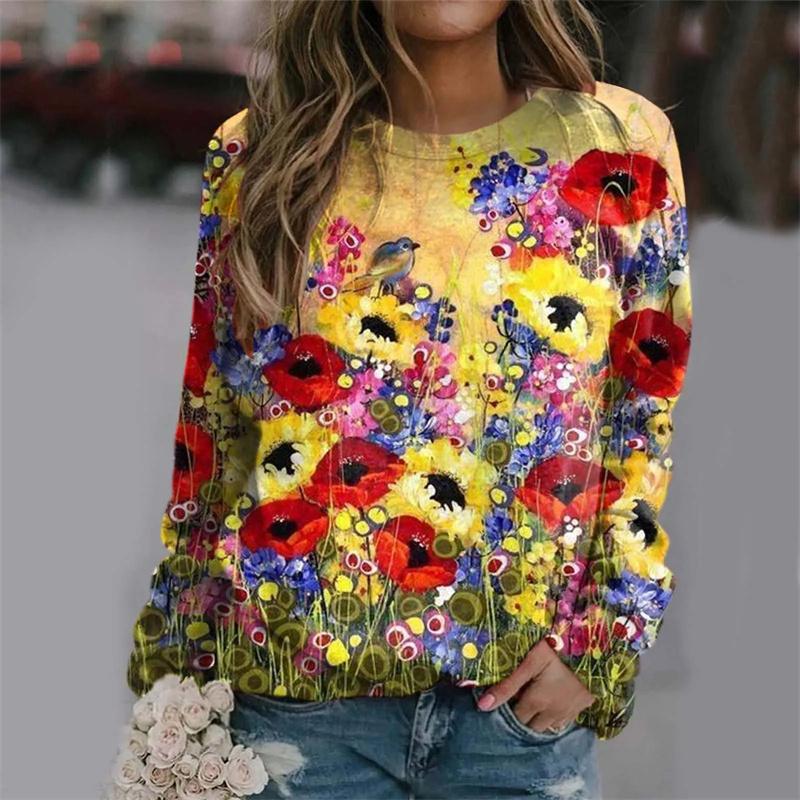 Harajuku Nova Impressão 3D Flores Coloridas Moletons Femininos Moda Streetwear Pullovers Inverno Meninas Floral Gráfico Roupas Top