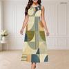Women Plus Size Round Neck Triple Keyhole Cutout Sleeveless Geometric Print Long Dress Blue Yellow Beige