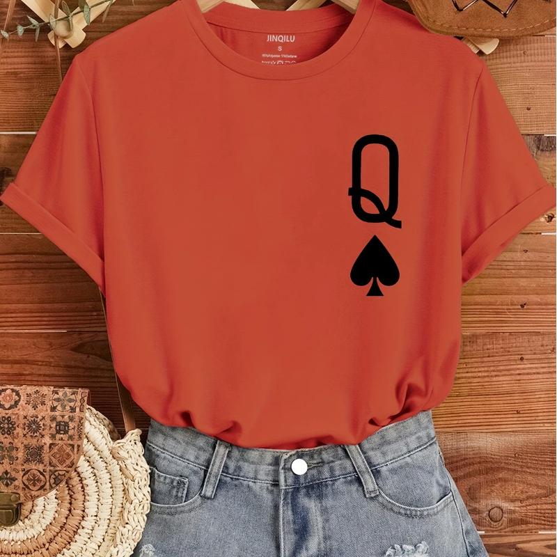 Poker Q Print Crew Neck T-Shirt, Casual Short Sleeve T-Shirt For Spring & Summer, Women's Clothing