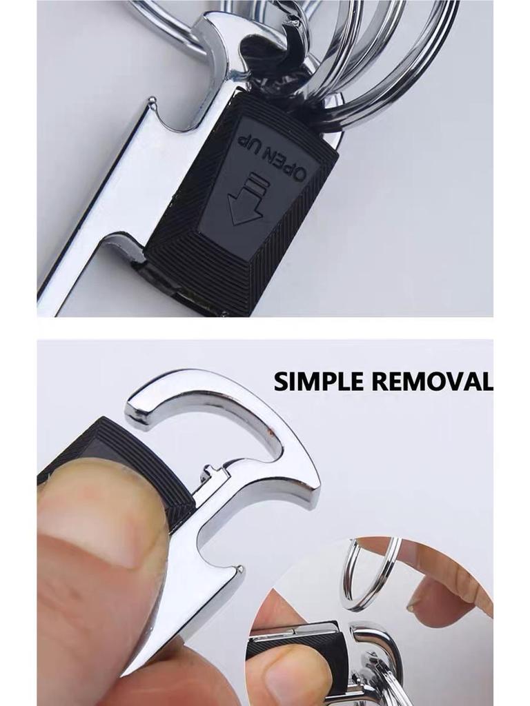 Pánská multifunkční klíčenka s klipem na opasek s push-pull mechanismem, více kroužky, přívěskem proti ztrátě a otvírákem na láhve.