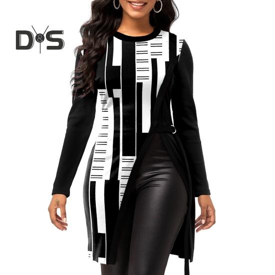 Women Autumn Winter Geometric Print Blouse O Neck Long Sleeve Side Split Hem Mid Length Pullover Tunic Tops Streetwear