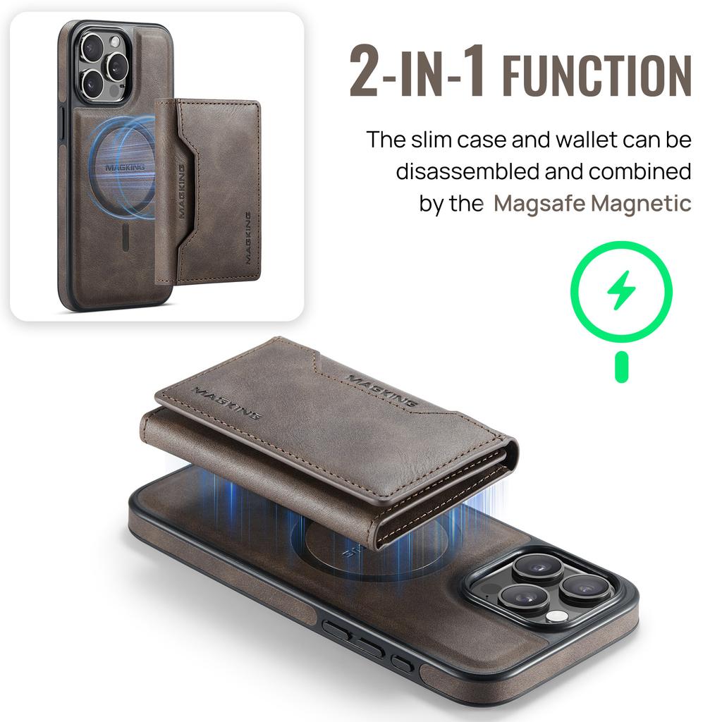 MAGKING K2 Series For iPhone 16 Pro Max Case Compatible with MagSafe PC+TPU+PU Leather RFID Blocking Phone Cover with Wallet