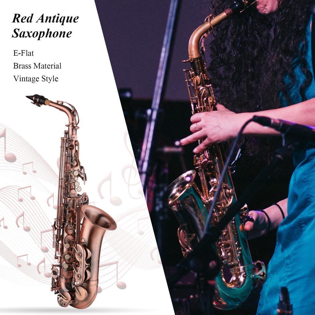 Saxophone Red Antique E-flat Brass Material with Carrying Case Cleaning Cloth Brush Sax Strap