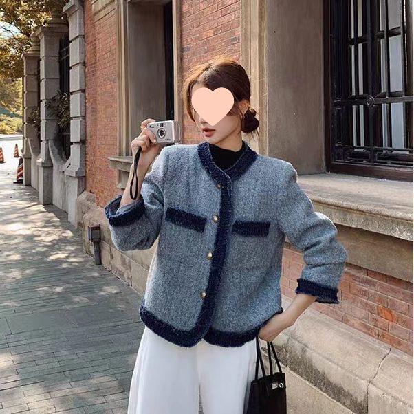 Elegant Blue Tweed Patchwork Down Jacket - Short, Thickened, Autumn/Winter Style M