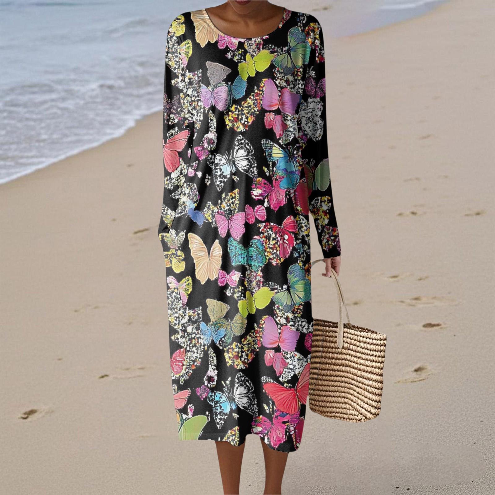 

Women s Fashion Casual Long Sleeve Floral Print Round Neck Pocket Elegant Temperament Dress M чёрный