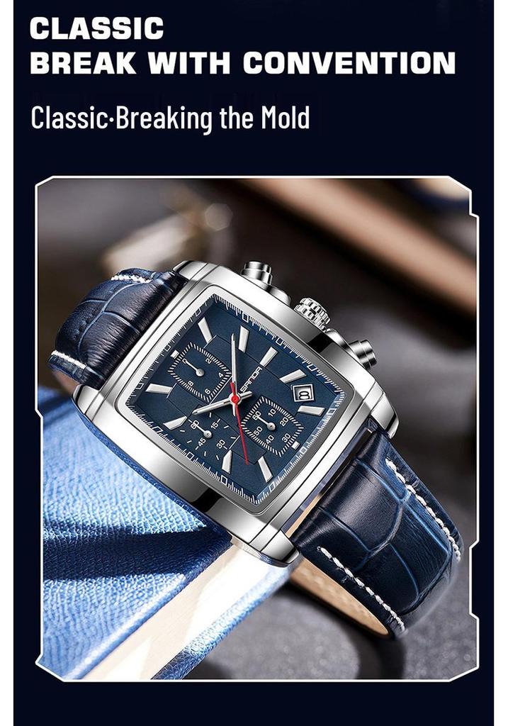 Sanda Trendige Herren-Quadrat-Quarzuhr mit Lederarmband, Wasserdicht, Kalender, Drei-Zifferblatt, Sechs-Zeiger-Design