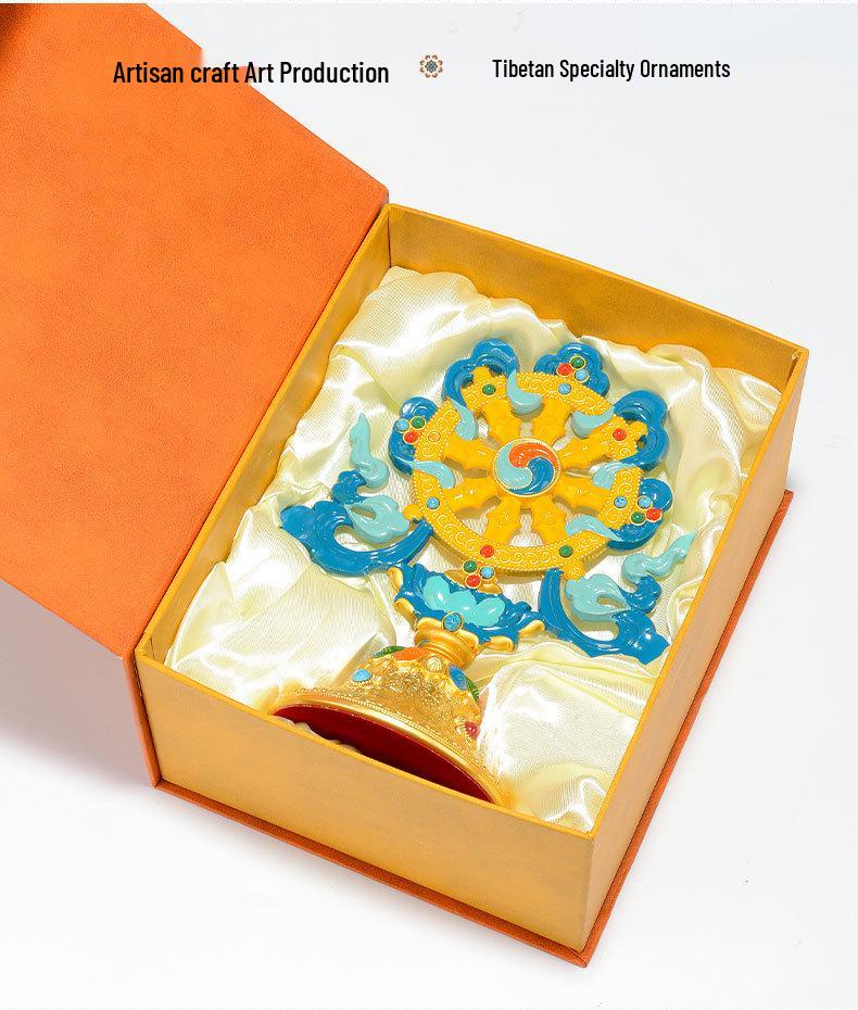 Tibetan Auspicious Symbols: Eight Treasures Golden Wheel Ornament for Home Altar Decoration