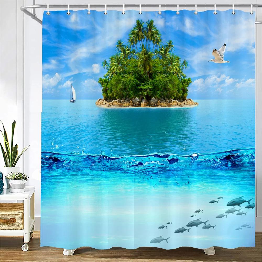 3D Seascape Beach Printed Fabric Shower Curtains Bathroom Curtain Bath Screen Waterproof Products Home Decor with Hooks