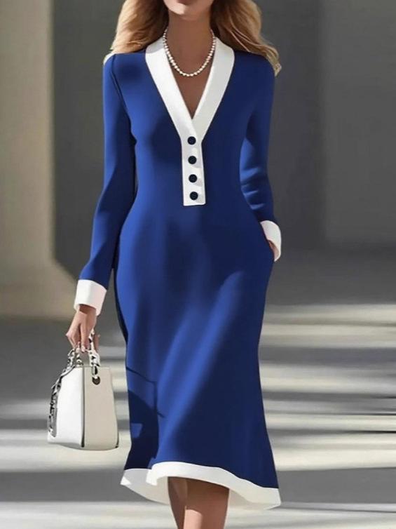 Elegant V-Neck Color Block Skirt Dress for Spring & Autumn 2025