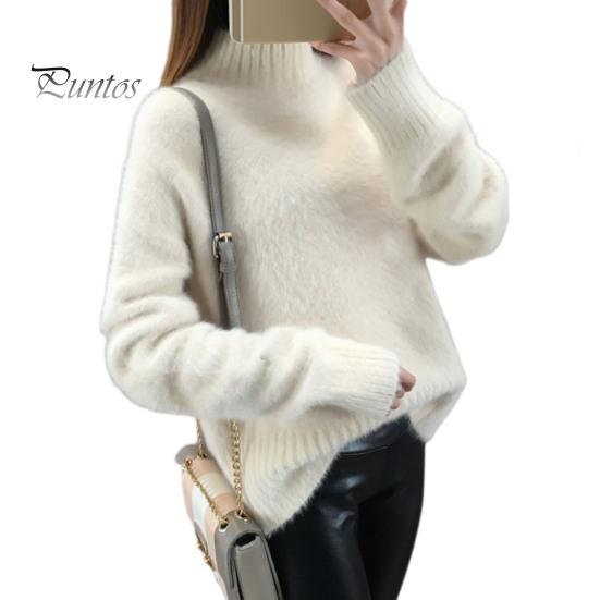 

Женский свитер с полувысоким воротником и длинным рукавом, однотонный трикотажный топ свободного кроя с ребристой отделкой, утолщенный трикотаж