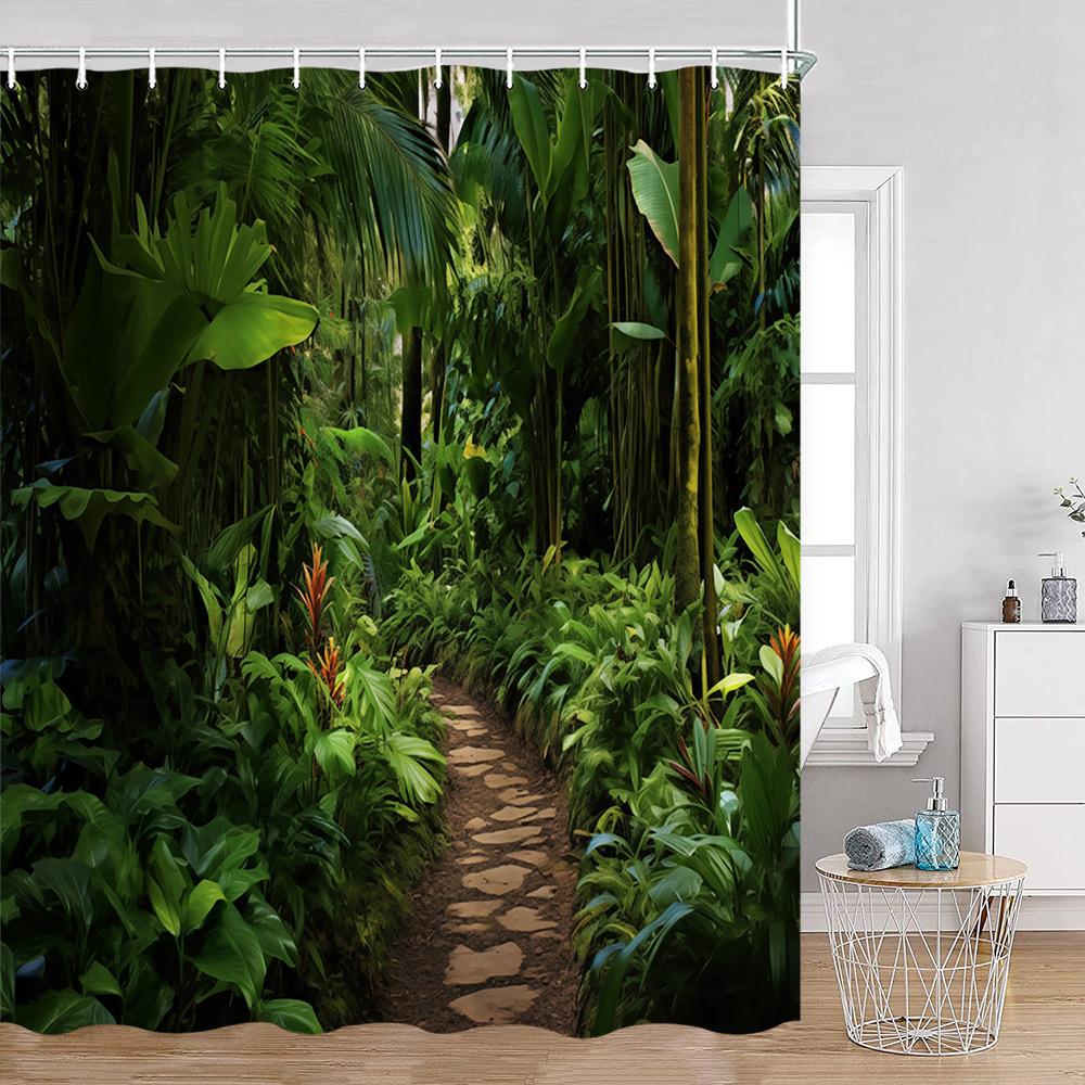 Garden Green Palnts Shower Curtains Green Leaves Chinese Garden Forest Floral Bathroom Curtains Classical Home Decor for Bath
