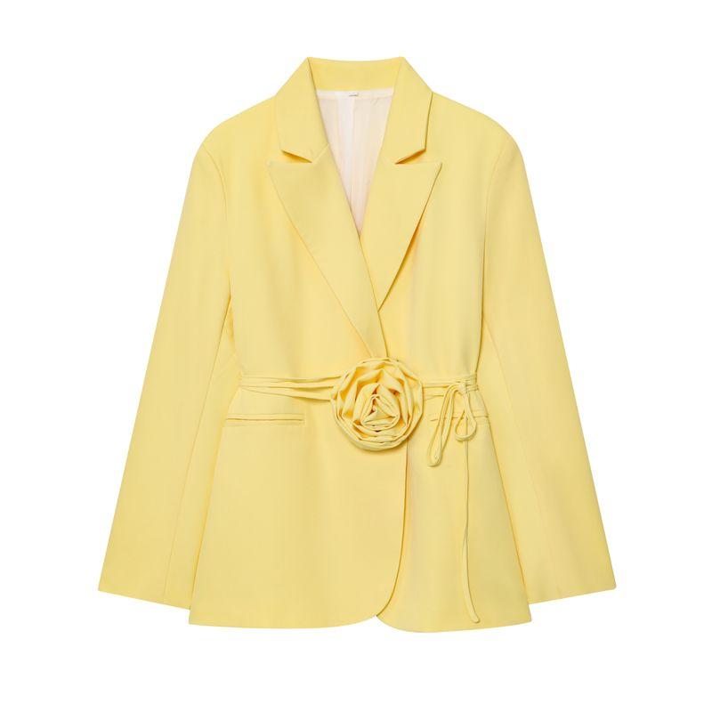 

Kaslead New Women clothes Western Style Fashion Simple and Versatile Lace-up Flower Blazers Yellow M
