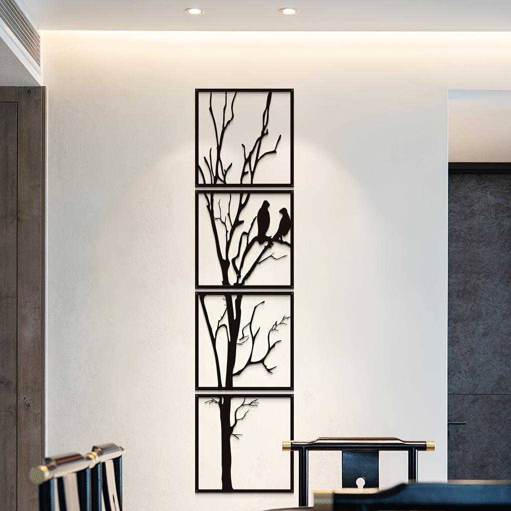 4pcs Set Bird Branch Wall Art, Large Black Metal Decor for Indoor Outdoor, Holiday Gift for Halloween Christmas New Year