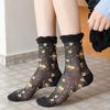 Women's Spring and Summer Thin Mid-calf Socks, Retro Floral Pile Socks, Lace Transparent Glass Fiber Socks