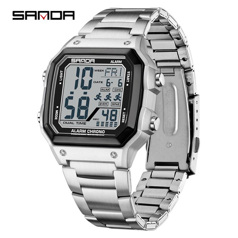 Sanda Men's Outdoor Sports Electronic Watch - Multifunctional, Waterproof, with Countdown and Snooze Feature.