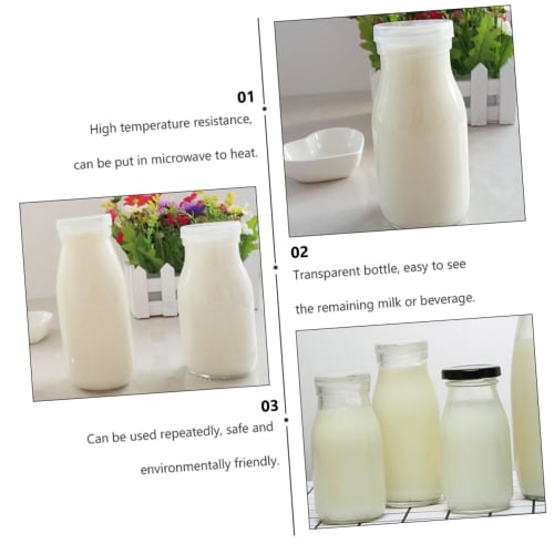 BESTonZON 6-Piece Heat-Resistant Milk Bottles, 250ml, Glass Milk Jug, Glass Pudding Jar, Pitcher, Vintage Milk Bottles with Caps, Drinking Bottles, Te