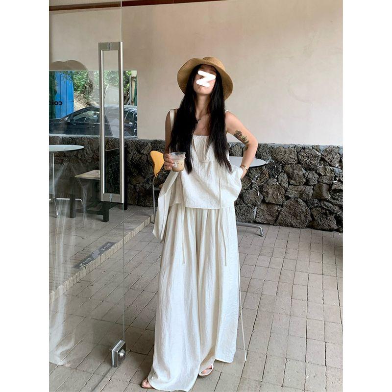 Korean Style White Ruffles Spaghetti-Strap Camisole Top Women's Summer New Arrival Casual Loose-Fitting Wide-Leg Trousers Two-piece Set
