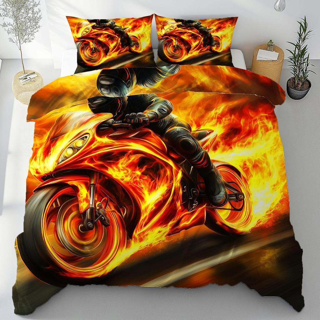 Flame Motorcycle Pattern Bedding Set, Motorcycle Duvet Cover with Pillowcase and Zipper,Soft Kids Teen Boys Bedding Set 2 Pcs