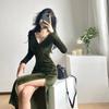 Velvet Dress Women's Autumn and Winter New High-end Muse Fan V-neck Sexy Split-ended Medium and Long Dress