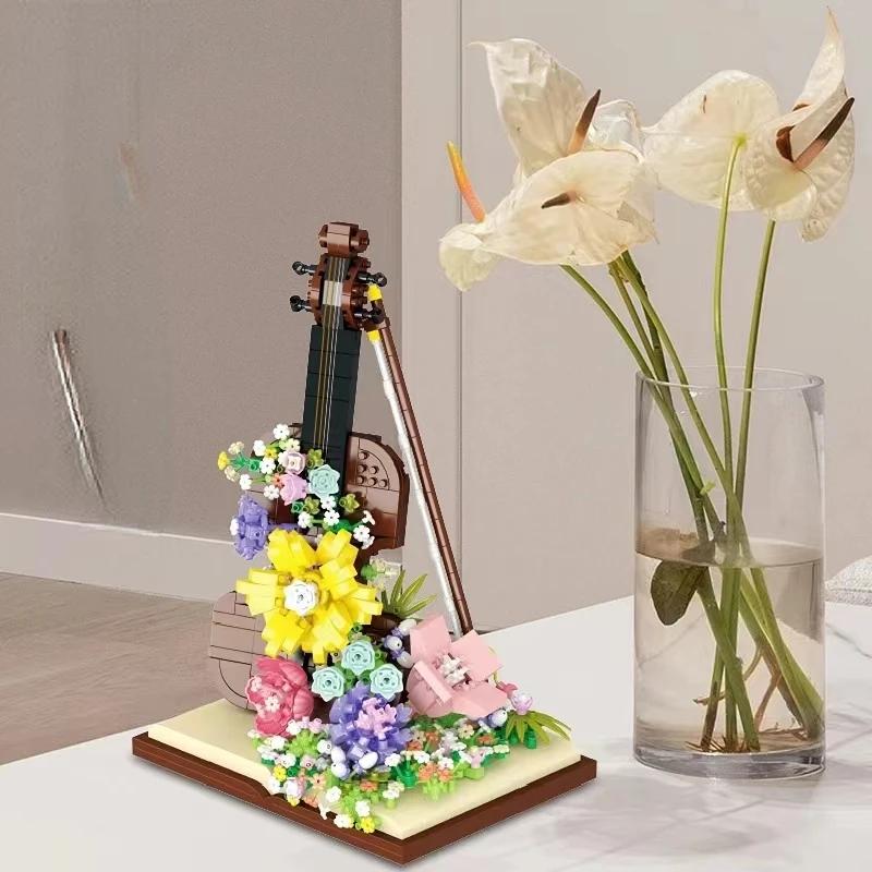 Dreamy Flower Violin Mini Building Blocks Toys Set Fusion of Music & Floral Aesthetics Detailed Design Holiday Gift