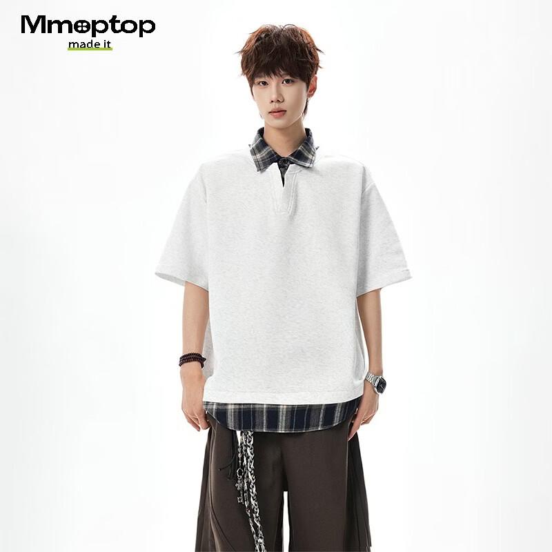 MMOPTOP Men s Spliced Plaid Color Block Mock Two-Piece Short Sleeve Polo T-Shirt L