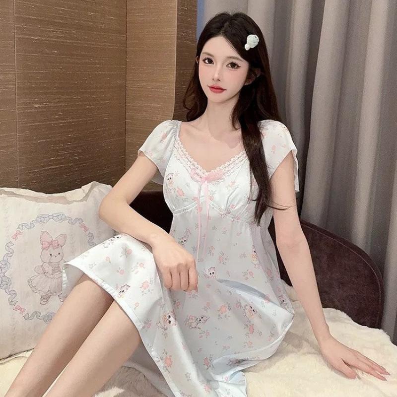 1011 Summer New Sweet Ice Silk Nightdress Women's Sexy Pajamas with Chest Pads Thin Long Court Style Loungewear