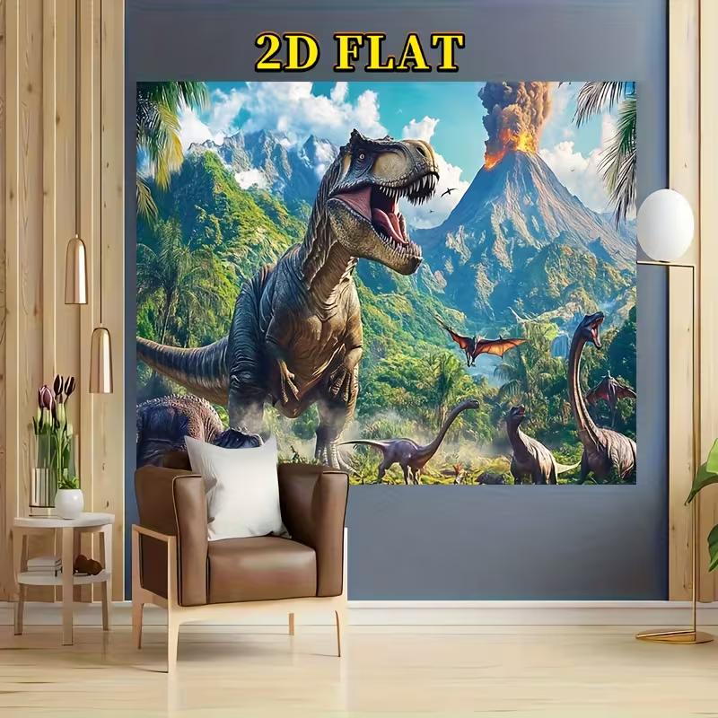 Kids Dinosaur Volcano Tapestry, 2D Flat Prehistoric Jurassic Wall Hanging, Large Size Wall Art for Party, Bedroom, Nursery
