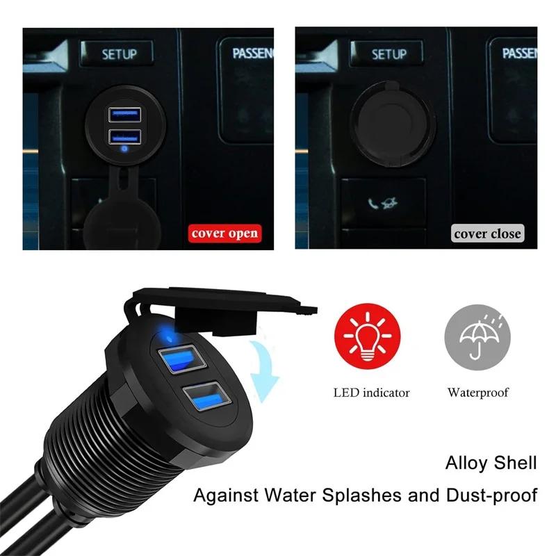 Car Accessories Dashboard Dual USB 3.0 Male To Female Cable Flush Mount USB Socket with LED Indicator for Car Truck Marine