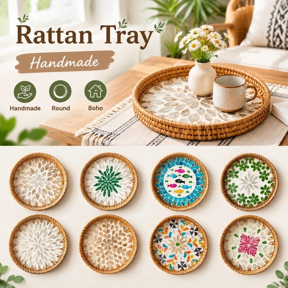Round Rattan Tray Handmade Decorative Tray Storage Tray Woven Tray  Table Tray