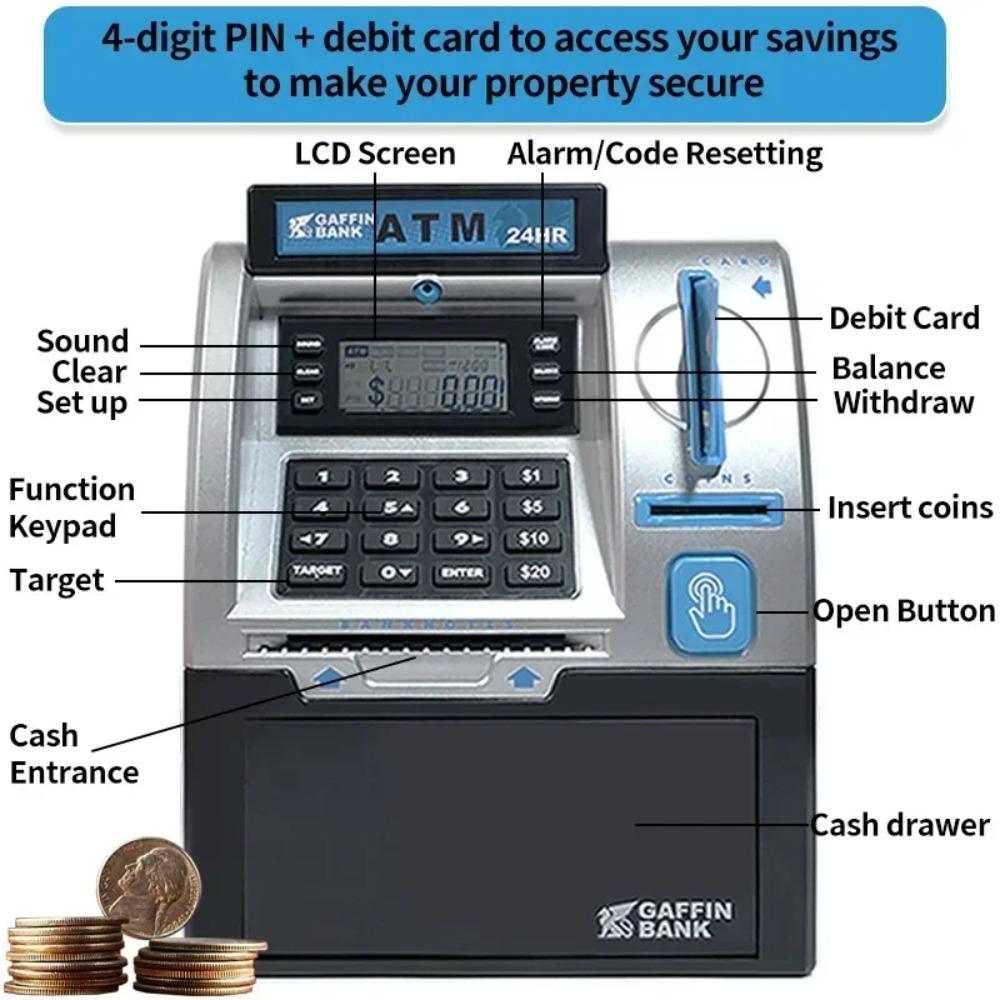 Cajero Electrónico ATM Máquina de Depósito Juguete para Niños Protección con Contraseña Tarjeta de Crédito Banco de Monedas Automático para Niños Caja de Ahorro