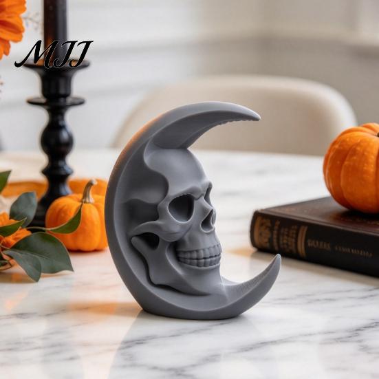 Niche Art Pieces 3D Printed Skull Moon Figurine, Gothic Crescent and Home Accessories Sculpture, Vintage Desktop Statue for Halloween Desk Bookshelf