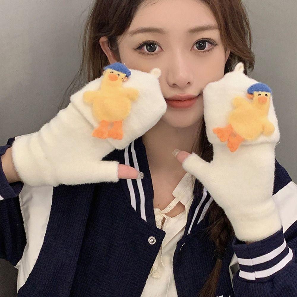 

Half Finger Gloves Duck Winter Mittens Kawaii Flip Plush Gloves Autumn бежевий