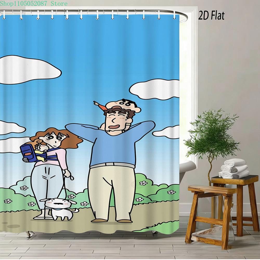 Crayon Shin-Chan & Friends Adventure 2D Print Waterproof Shower Curtain, Anime Bathroom Decor With Hooks