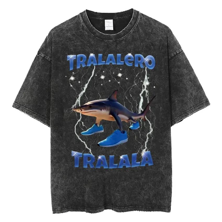 Shark Funny Reptile Gag T-shirt Men's and Women's Hip-hop Fashion Retro Washed Vintage T-shirt Casual Loose T-shirt