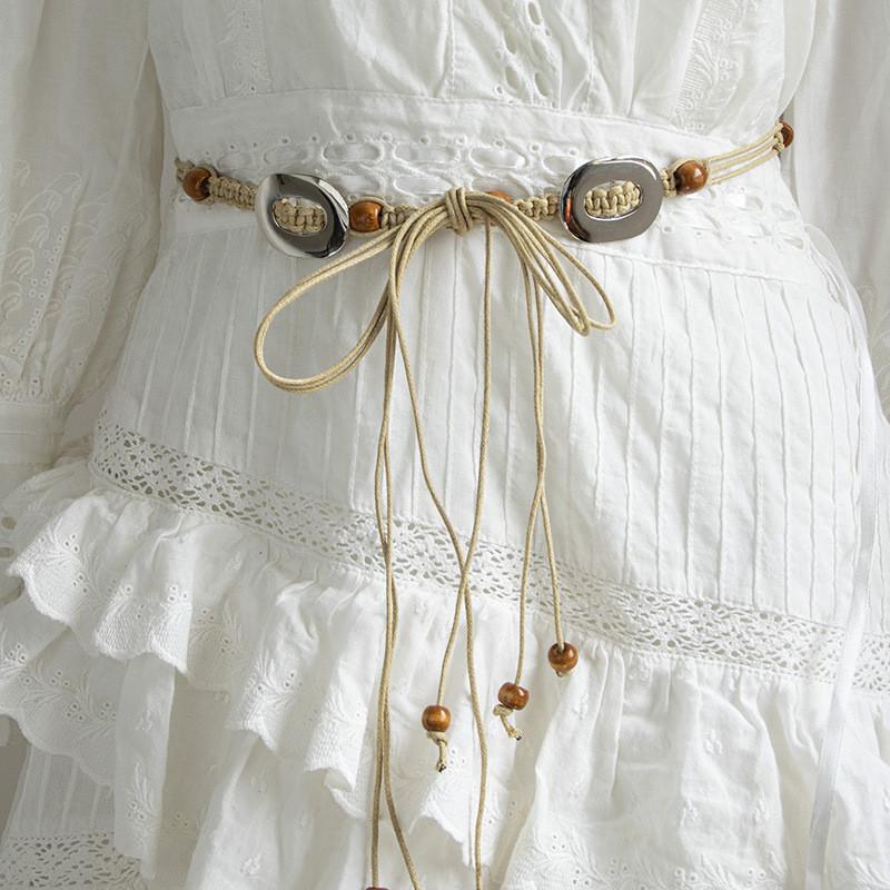 Ethnic Woven Waist Tie With Wooden Beads For Boho Chic Summer Dresses And Casual Looks