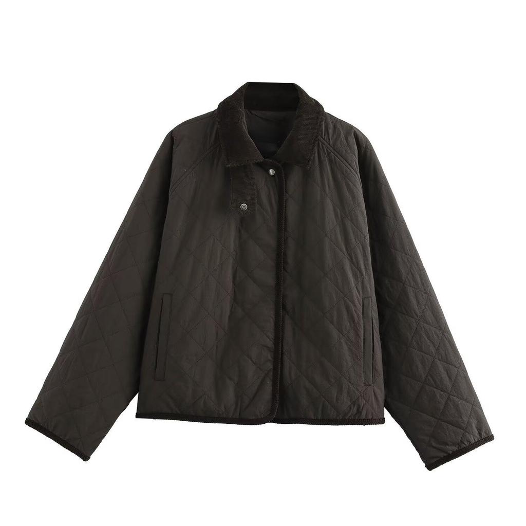 2024 Autumn Women's European & American Style High Neck Diamond Pattern Short Cotton Jacket