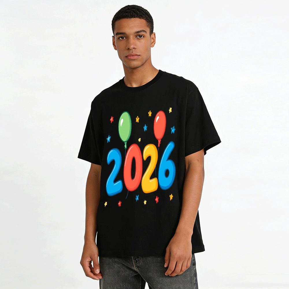 2026 New Year Themed Balloon Star Print Casual Top For Men Women Pure Cotton T-shirt