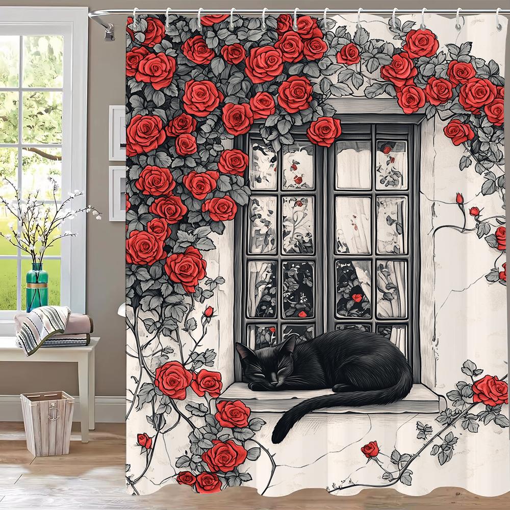 Moderner Duschvorhang mit roten Rosen und schwarzer Katze, Dekorativer Badezimmer-Vorhang aus Polyester mit Blumendruck, Heimvorhang mit Haken